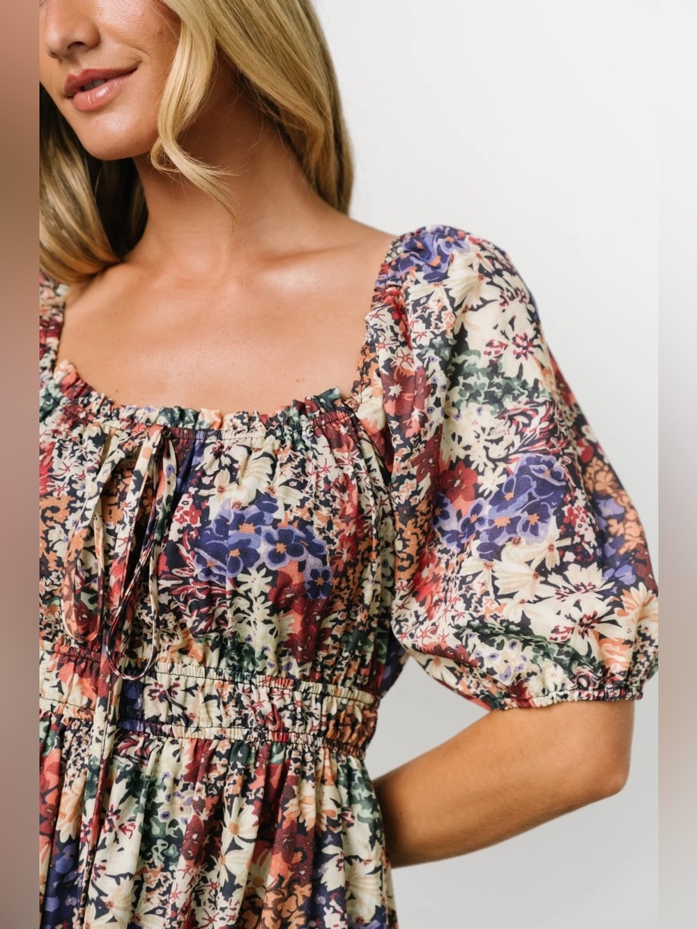 EUC Baltic Born Eden Dress Multi-Color Floral Puff Sleeve Square Neck Midi Dress - Picture 2 of 14